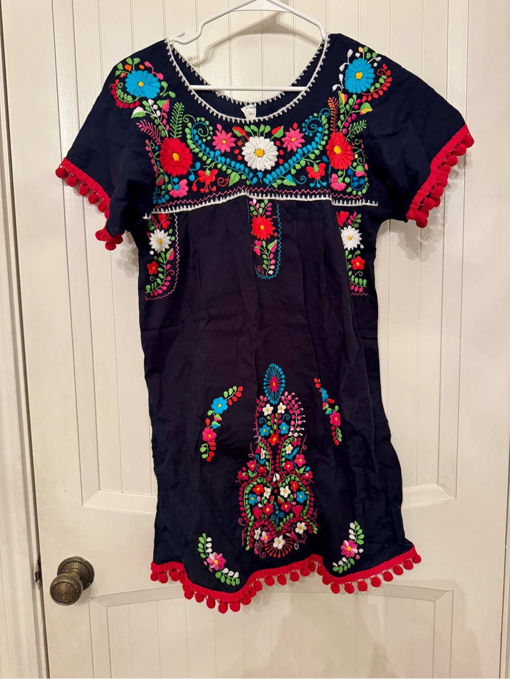 Source Unknown Black Embroidered Red Pom-Pom trim Midi Dress